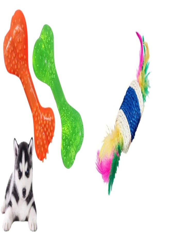 PET FUN Soft Spike Rubber Bone Chew Toy for Dogs & Puppies | Non-Toxic Dental Cleaning Cat Teaser Stick with Feather & Paper Rope Cylinder | Interactive Play Toy Combo of 2 - Image 1